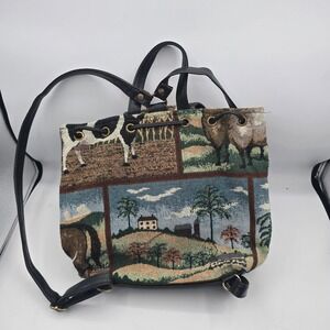 Vintage Tapestry Farm Scene Backpack Pastoral Animal Horse Cow Sheep Cottagecore